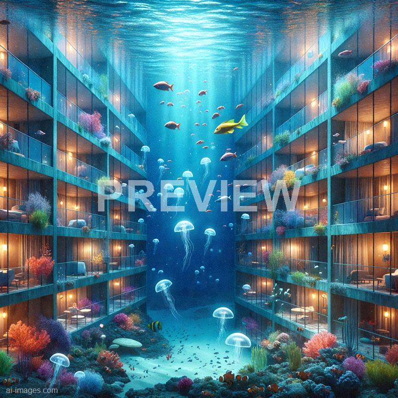 The image depicts an indoor aquarium with multiple floors of glass-walled rooms, each containing aquatic plants and furniture, suggesting they are living spaces or hotel rooms. The central area is an expansive underwater scene filled with glowing jellyfish and various colorful fish swimming freely, illuminated by a bright light source from above, creating a surreal and vibrant underwater environment. The scene combines elements of architecture and marine life, blending a modern building with an immersive aquatic ecosystem.